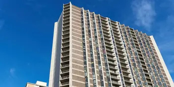 High rise apartment building, view from ground level