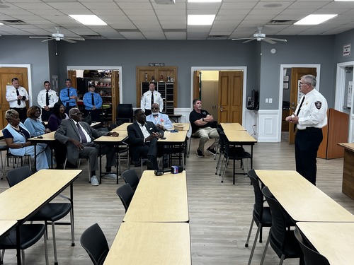 CCFD Chief Vickers addresses attendees in the Station 3 classroom at the open house event.