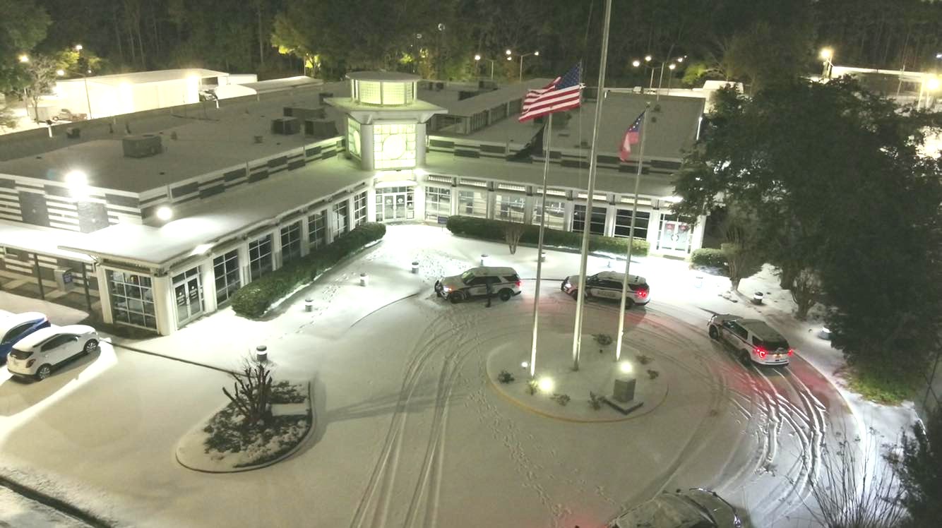 Aerial view of police annex in snow