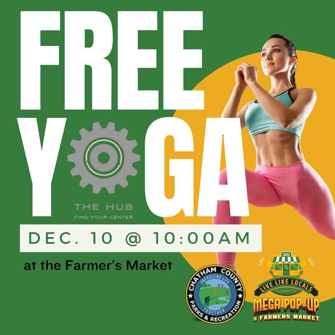 Free Yoga December 10th at 10 AM at the Farmer's Market. Girl in yoga outfit smiling