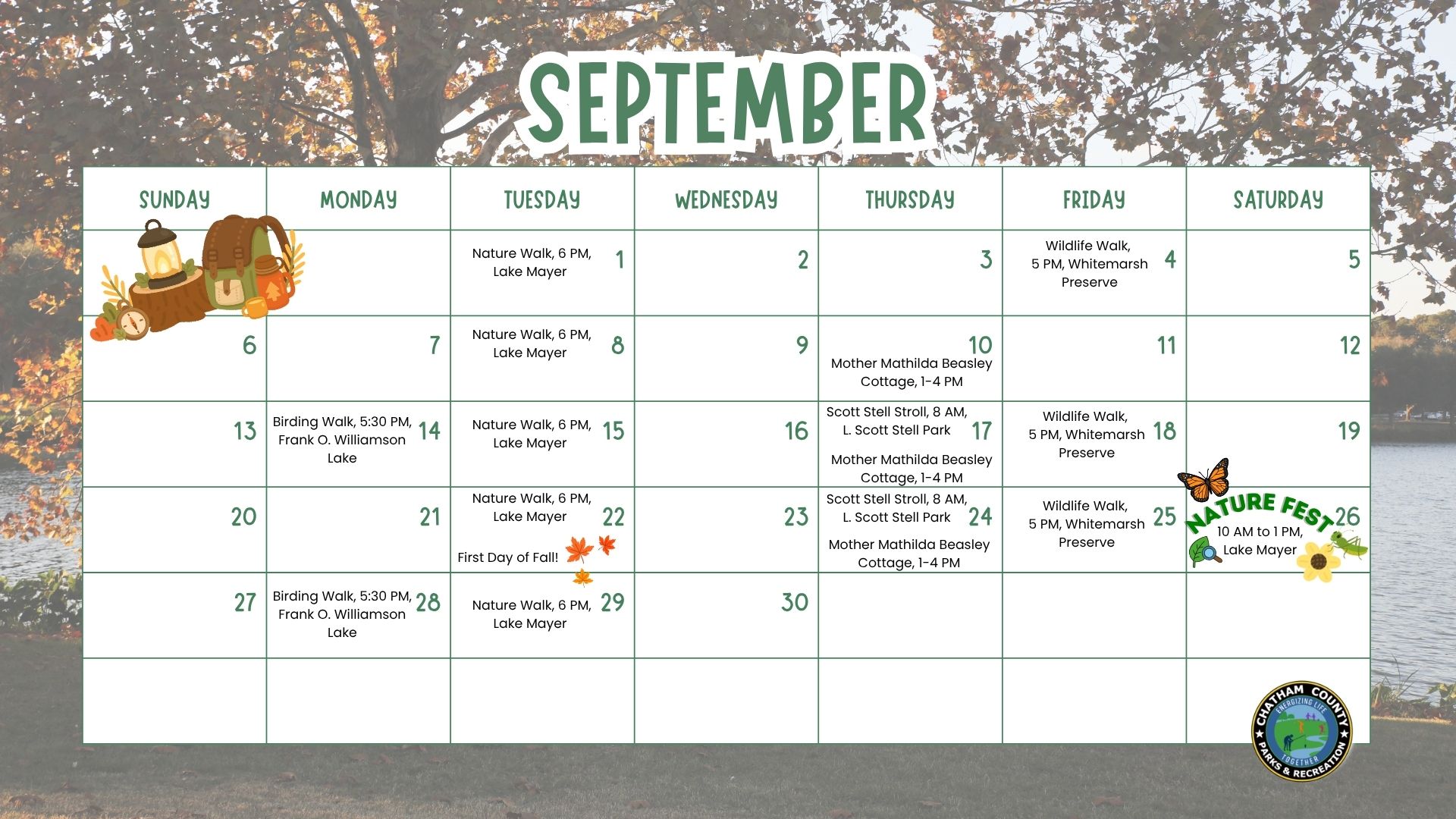 September calendar of Park Ranger programs with photo of fall foliage as a background.
