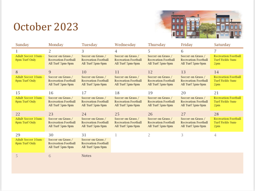 Jennifer Ross Sports Complex Calendar (October)