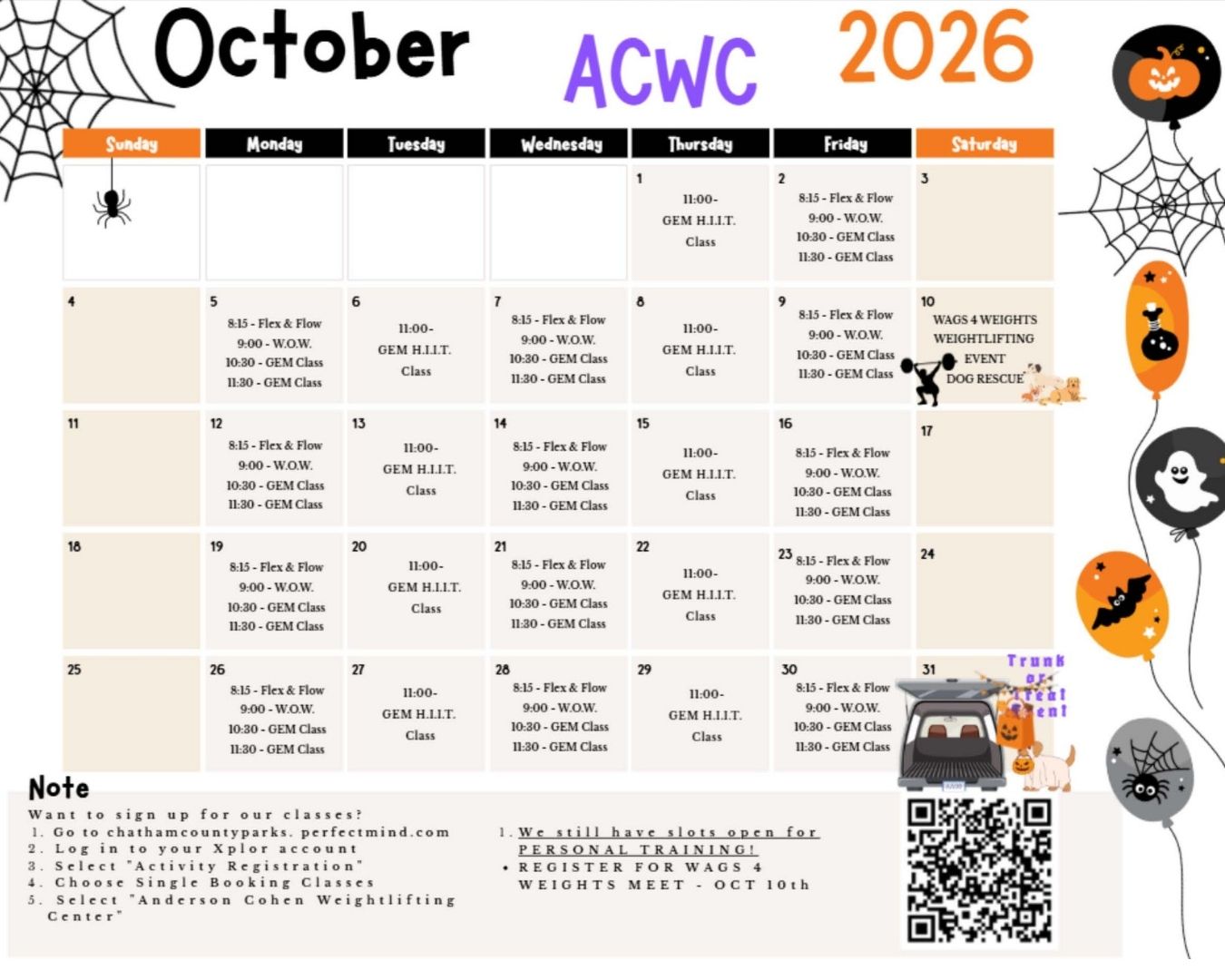 October 2026 Anderson Cohen Weightlifting Center calendar featuring weekly fitness classes, including Flex & Flow, W.O.W., GEM classes and GEM H.I.I.T. classes. The calendar highlights the Wags 4 Weights weightlifting event and dog rescue on October 10, along with a Trunk or Treat event on October 31. A QR code and instructions for registering for classes are included at the bottom.