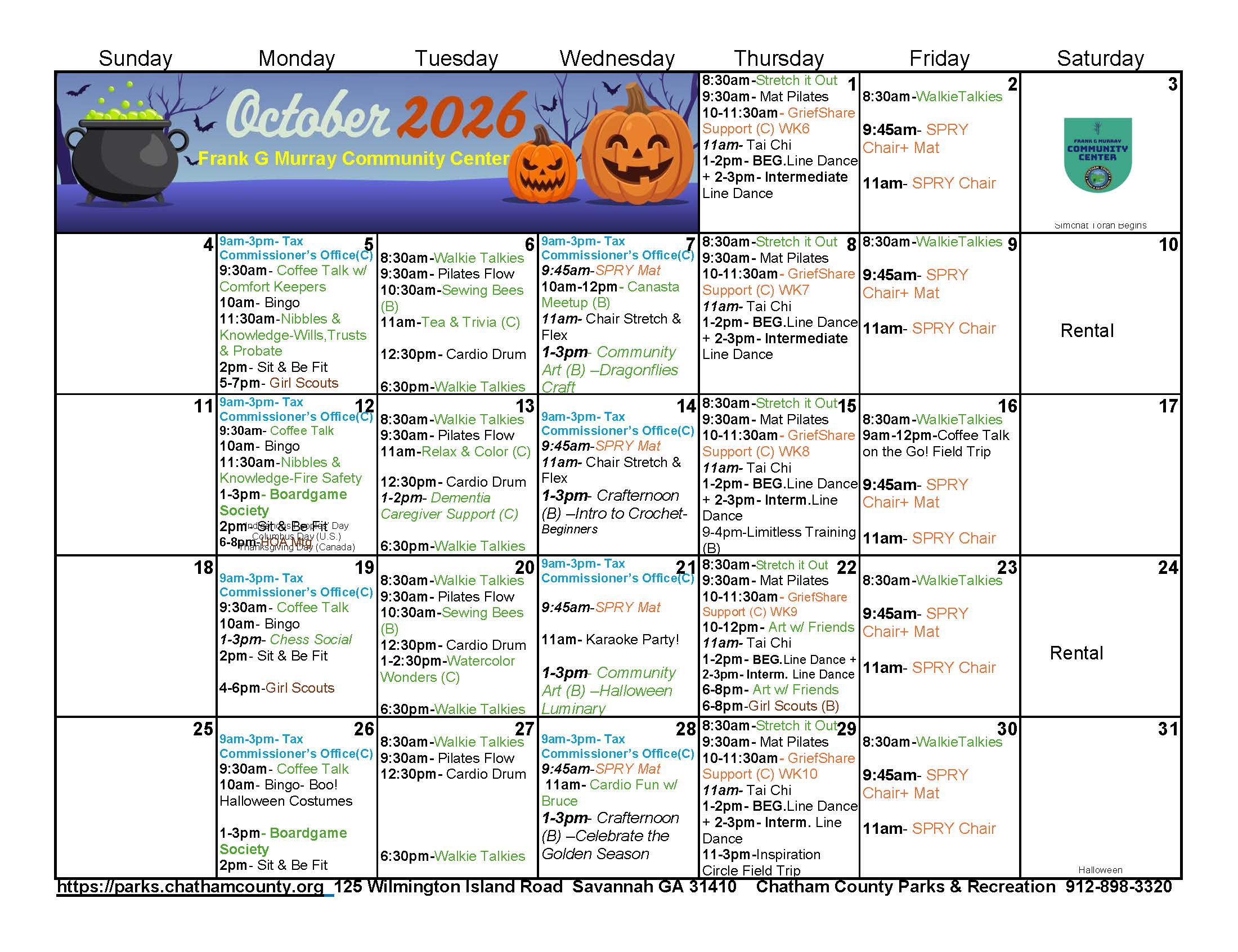 OCtober Calendar of events at Frank G. Murray Community Center. For a list of events, visit https://chathamcountyparks.perfectmind.com/.