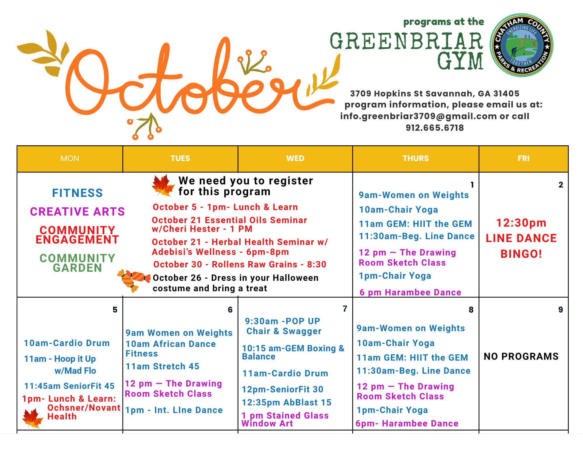 October Calendar of events for the Programs at Greenbriar. For full program information, email info.greenbriar3709@gmail.com or call 912-665-6718.