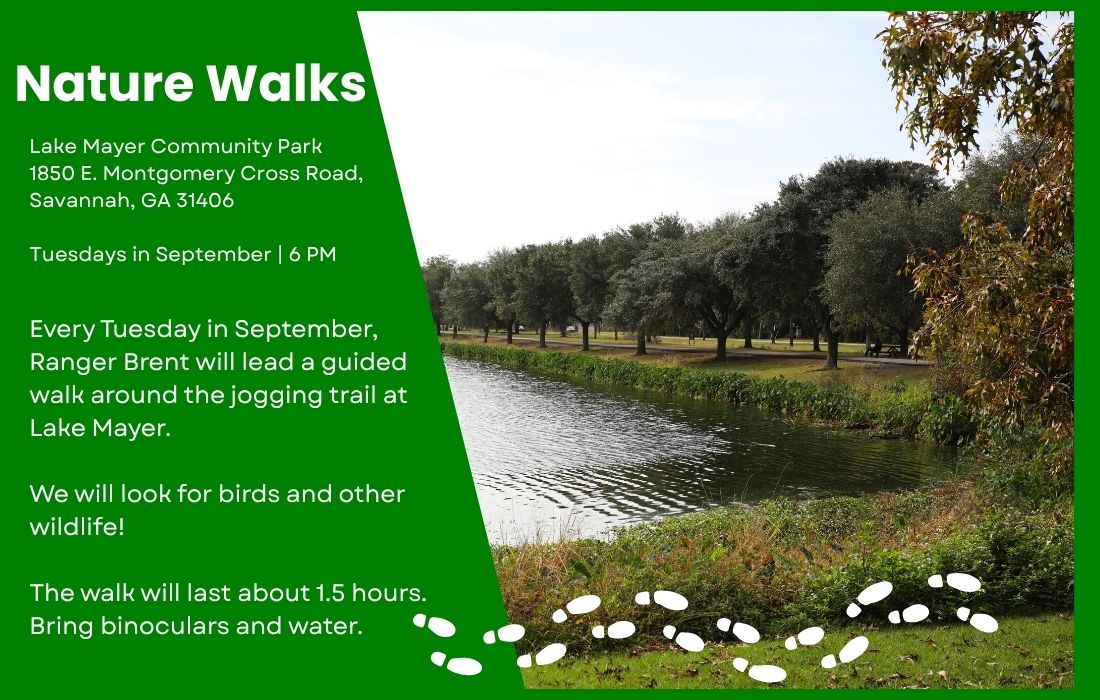 Nature Walks: Lake Mayer Community Park 1850 E. Montgomery Cross Road, Savannah, GA 31406 Tuesdays in September | 6 PM. Every Tuesday in September, Ranger Brent will lead a guided walk around the jogging trail at Lake Mayer. We will look for birds and other wildlife! The walk will last about 1.5 hours. Bring binoculars and water.