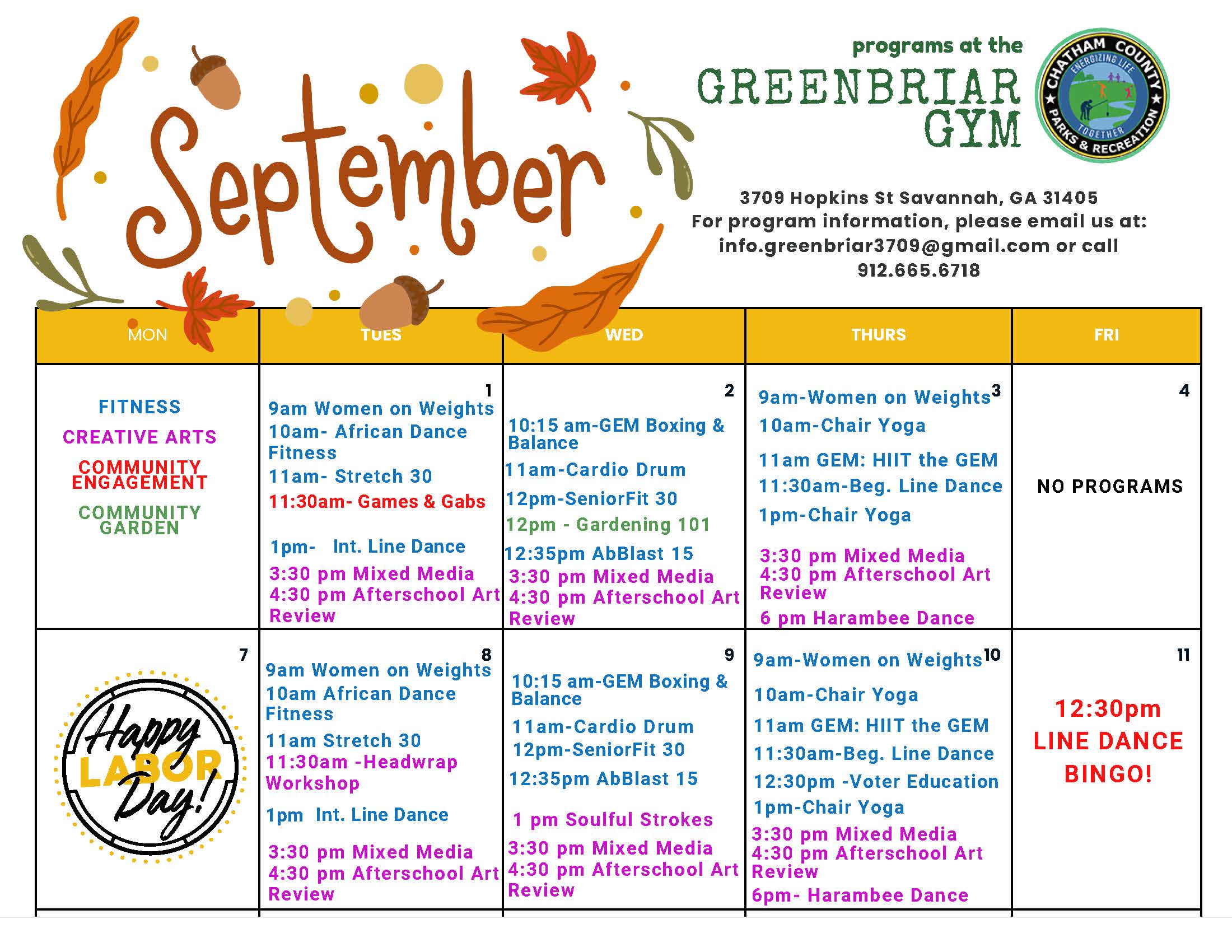 September Calendar 2026 at Greenbriar 
