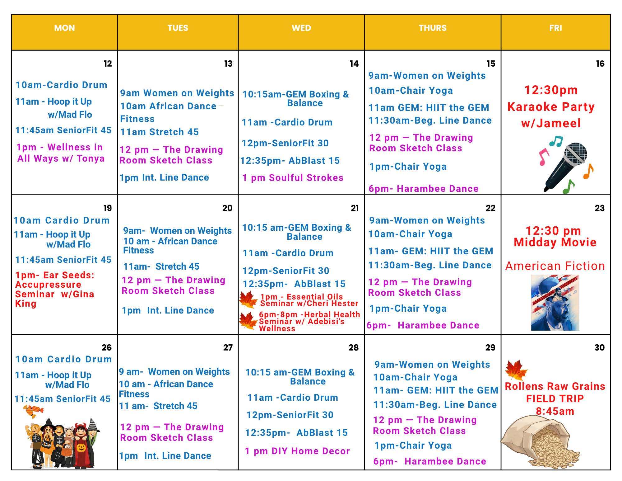 Page two of October Calendar of events for the Programs at Greenbriar. For full program information, email info.greenbriar3709@gmail.com or call 912-665-6718.