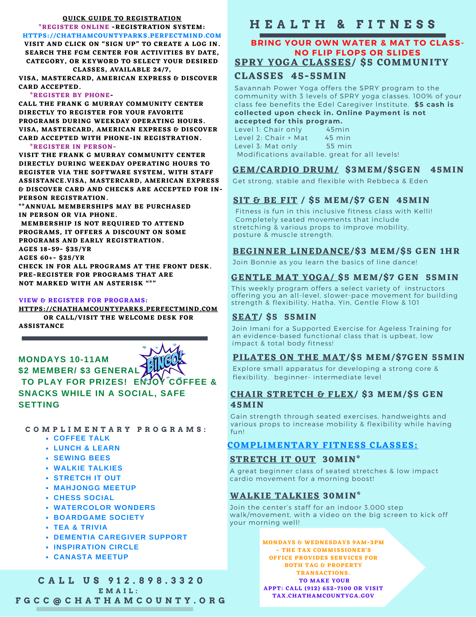 Back of January Calendar. Includes information on SPRY Yoga Classes, Cardio Drum class. Sit and Be Fit class.