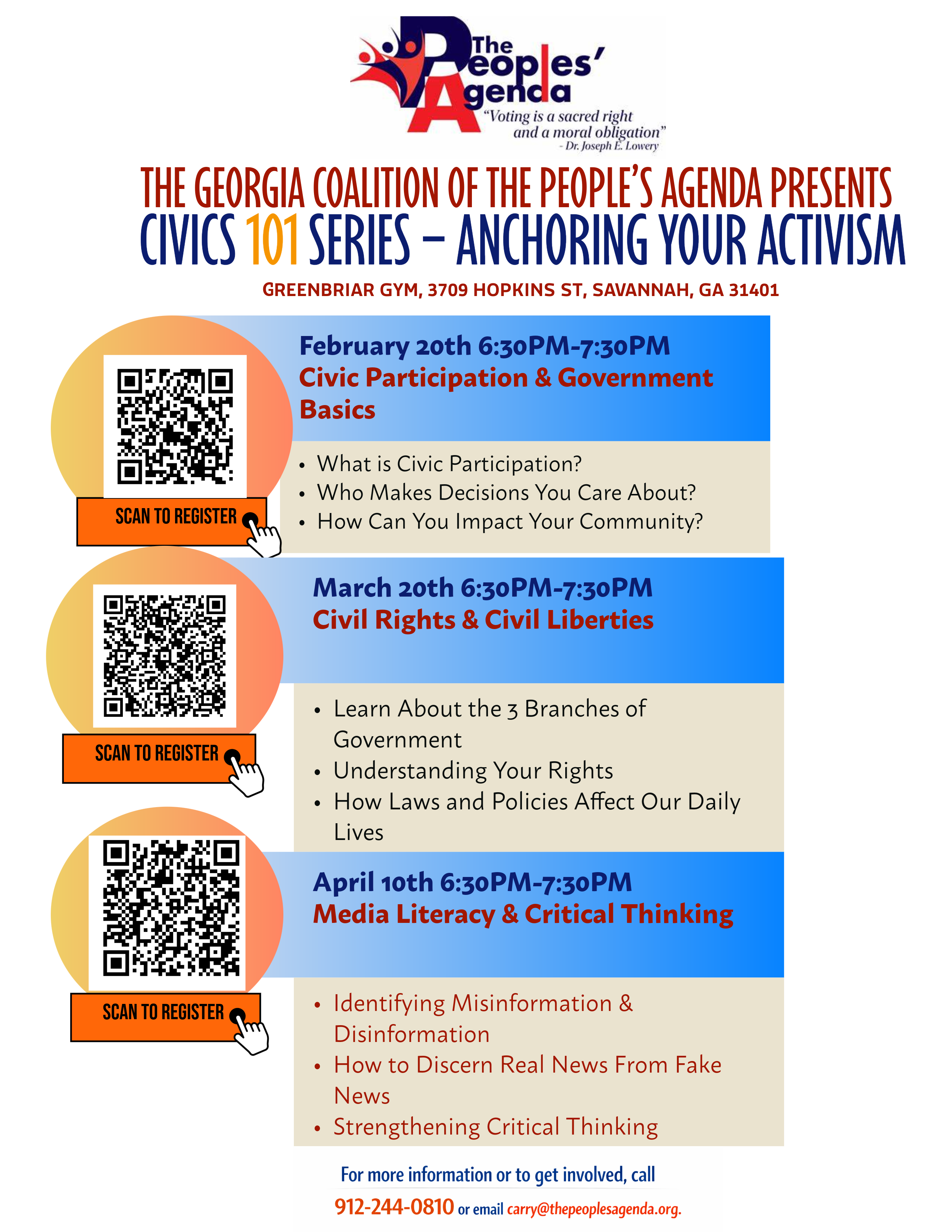 People's Agenda Civics Flyer. February 20th 6:30-7:30 PM Civic Participation and Government Basics. For more information call: 9122440810 or email carry@thepeoplesagenda.org