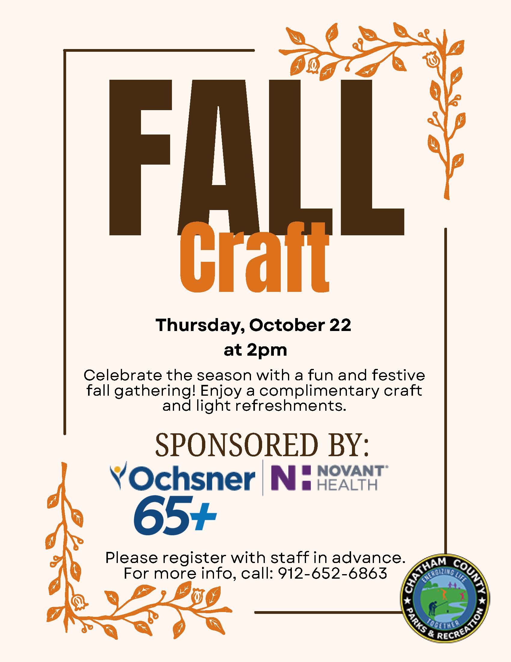 Fall Craft event flyer for Thursday, October 22 at 2 p.m. at Lake Mayer Community Center. The flyer invites attendees to enjoy a complimentary fall craft and light refreshments. Sponsored by Ochsner Health and Novant Health 65+. Advance registration is required; call 912-652-6863 for more information.