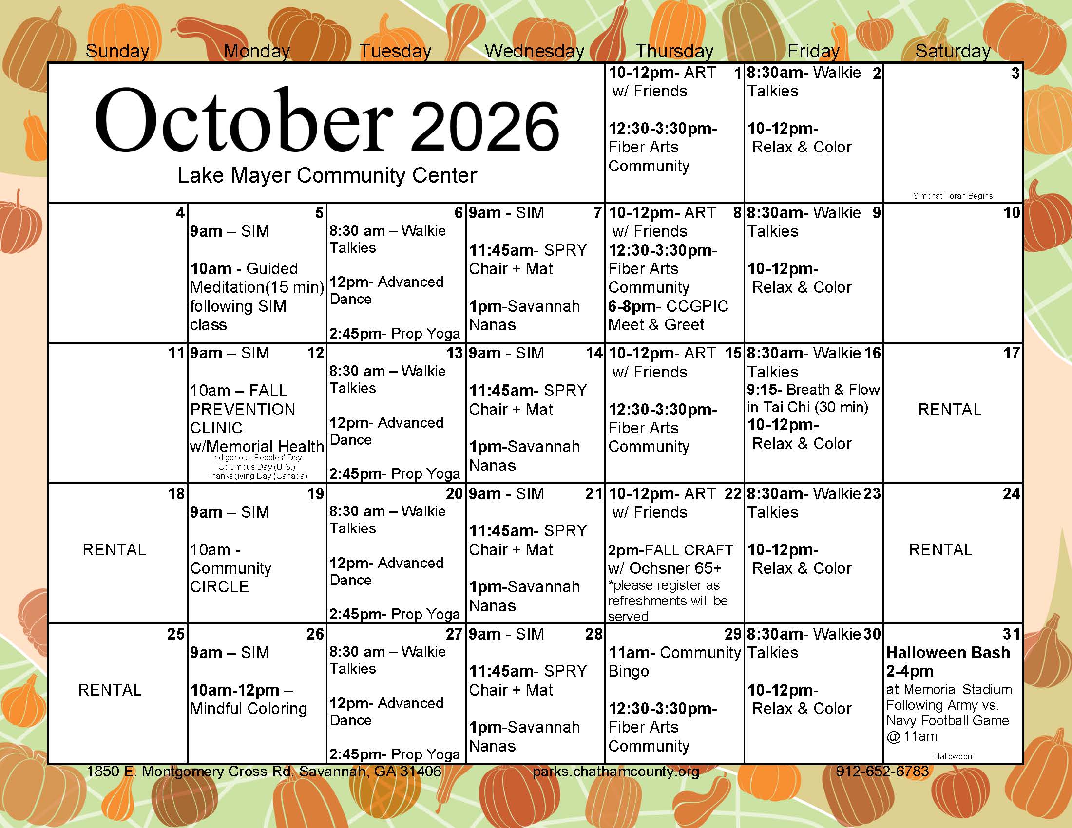 Lake Mayer Community Center October Calendar. More information at https://chathamcountyparks.perfectmind.com/39865/Clients/BookMe4BookingPages/BookingCoursesPage?calendarId=609c5691-1bc3-d63a-6104-ce595ca31317&widgetId=9122cc39-df42-4269-ae66-98c9998a328c&embed=False