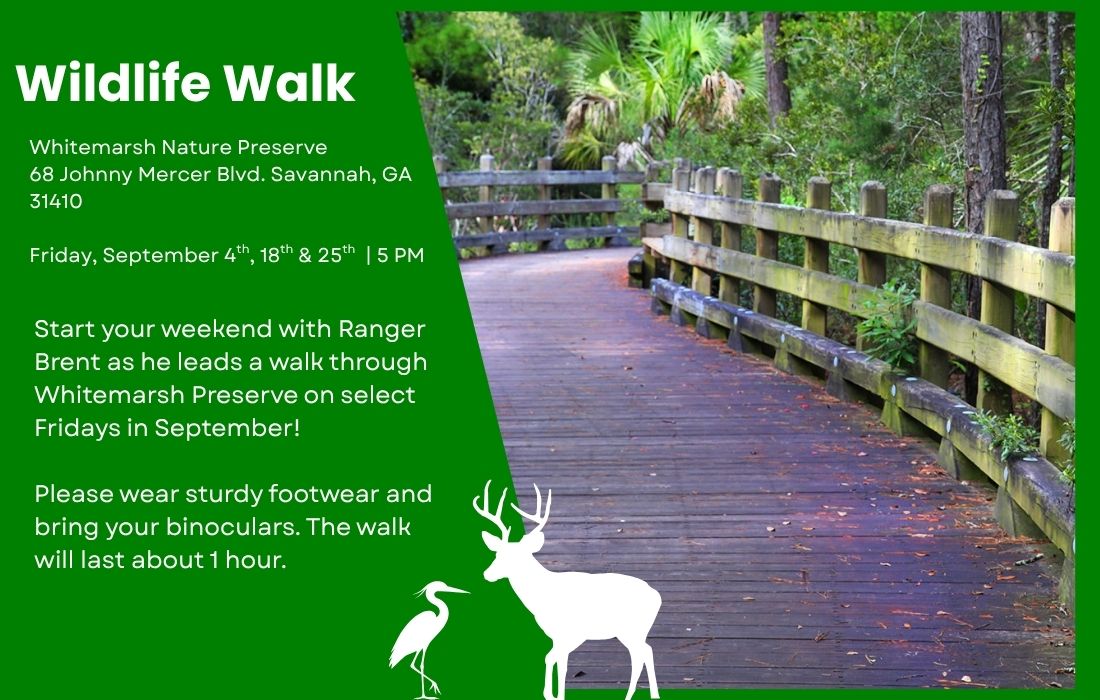 Wildlife Walk Whitemarsh Nature Preserve 68 Johnny Mercer Blvd. Savannah, GA 31410 Friday, September 4th, 18th & 25th | 5 PM Start your weekend with Ranger Brent as he leads a walk through Whitemarsh Preserve on select Fridays in September! Please wear sturdy footwear and bring your binoculars. The walk will last about 1 hour.